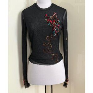 Vintage Cache Embellished Sheer Mesh Top sz M
